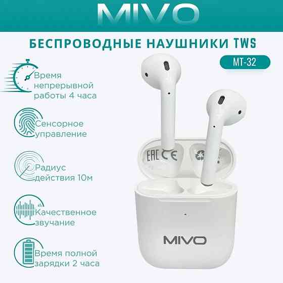 Беспроводные наушники MIVO MT-32 Bluetooth 5.1 с микрофоном IOS/Android white Макеевка