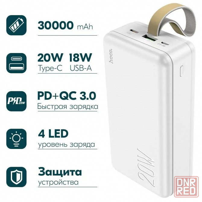 Аккумулятор внешний HOCO J87B Tacker 30000mAh, 1xUSB, 1xUSB-C, 3А, QC3.0, PD20W, LED, Li-Pol (белый) Макеевка - изображение 2