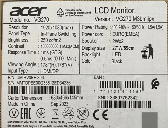 Монитор 27" Acer Nitro VG270 FHD IPS,180Hz, 0.5ms Донецк