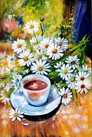 Картина маслом "Букет ромашек и кофе", живопись, Весенняя распродажа! Донецк