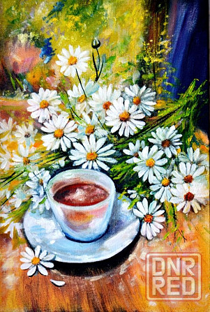 Картина маслом "Букет ромашек и кофе", живопись, Весенняя распродажа! Донецк - изображение 1