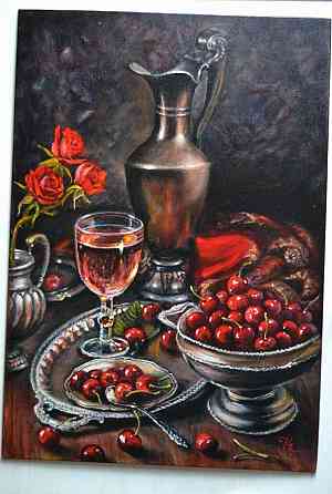 Картина маслом "Натюрморт с вином и вишней". Интерьерная картина. Донецк