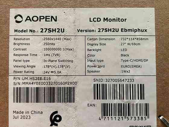 Монитор 27" AOpen (Acer) 27SH2UEbmiphux WQHD 2560x1440 IPS @100Hz, 1ms, USB Type-C, HDR10, колонки Донецк