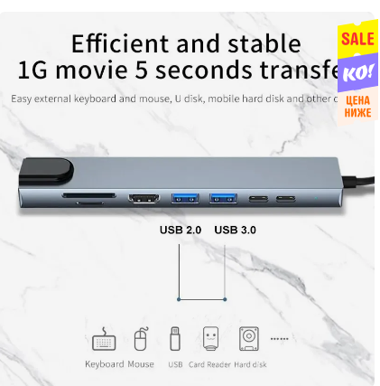 Usb 8 в 1 Type C 3 1 to 4k HdTV Hub Adapter с Sd Tf Rj45 Card Reader Pd Fast Charge для ноутбука Донецк