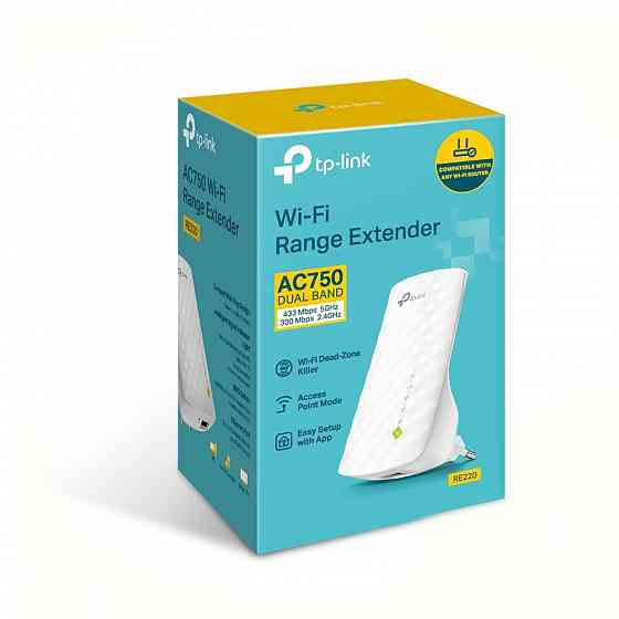 TP-Link RE220 усилитель двухдиапазонный AC750 433 Мбит/с 3 внутр. антенны поддержка OneMesh Макеевка