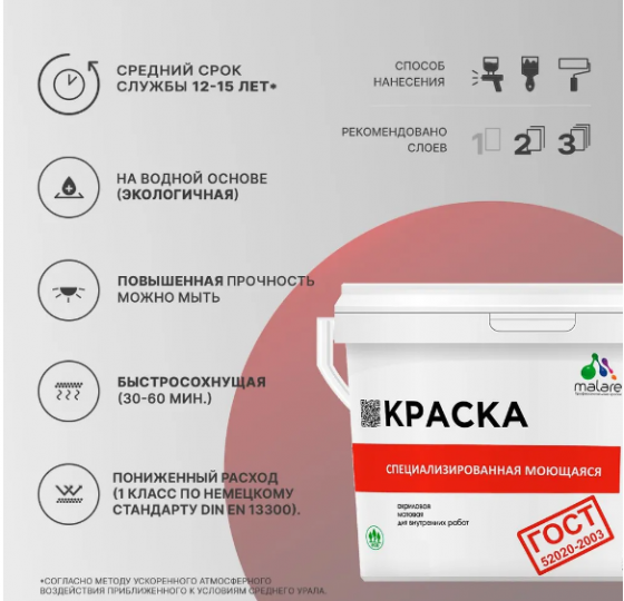 Краска Моющаяся акриловая Malare для стен и обоев, для потолка, универсальная Донецк