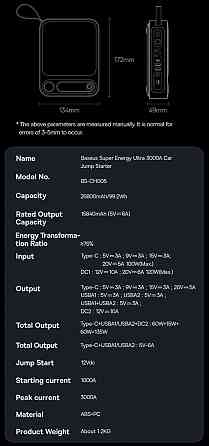 Baseus пусковое устройство BS-CH005 Super Energy Ultra 26800 mAh 3000A Запорожье