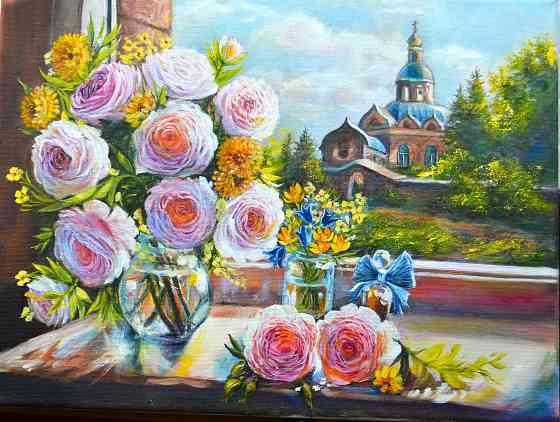 Картина маслом "Воскресное утро" картины с церквями,весенний пейзаж,букет цветов,розы,полевые цветы Донецк