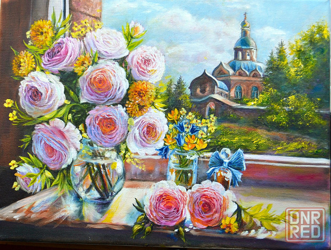 Картина маслом "Воскресное утро" картины с церквями,весенний пейзаж,букет цветов,розы,полевые цветы Донецк - изображение 1